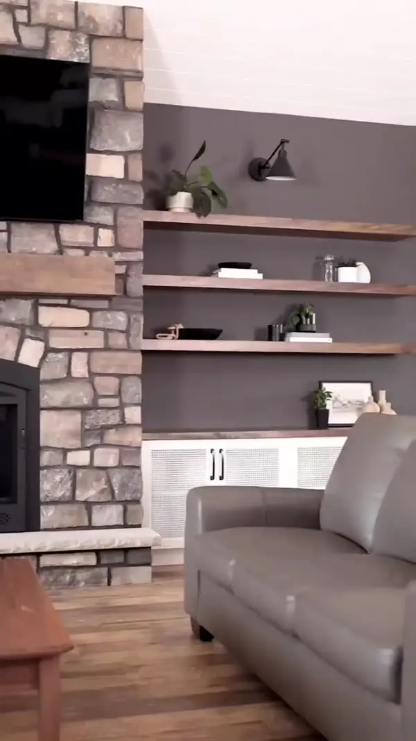 Stone fireplace with storage video by Heirlooms Custom Cabinetry